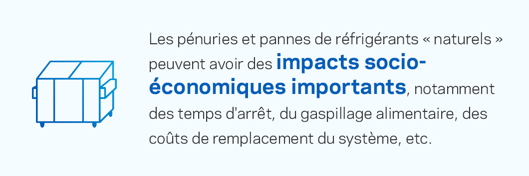 Les pénuries de fluides frigorigènes dits « naturels » et leurs défaillances peuvent avoir des impacts socio-économiques importants, notamment des temps d'arrêt, du gaspillage alimentaire, des coûts de remplacement du système, etc.